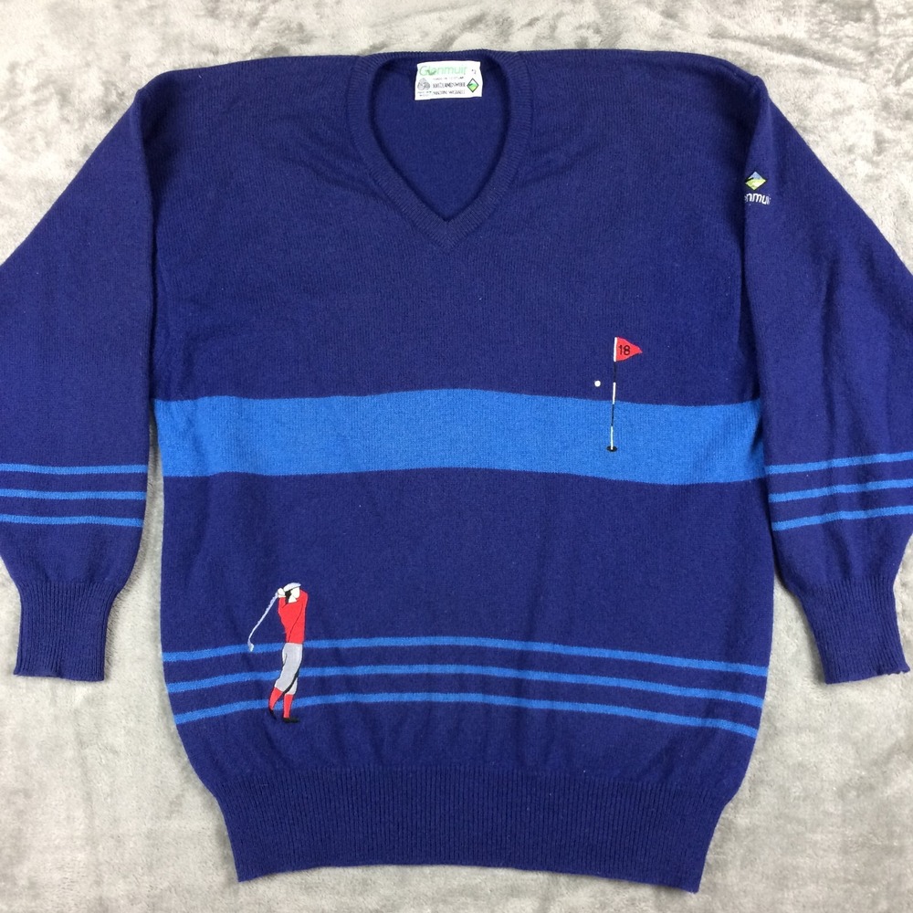 Glenmuir Sweater Mens Large Golf Wool Embroidered VNeck Scotland Size 42 Vtg